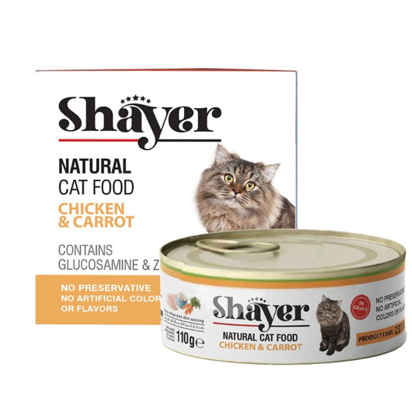 کنسرو گربه بالغ طعم مرغ و هویج 110 گرمی Shayer